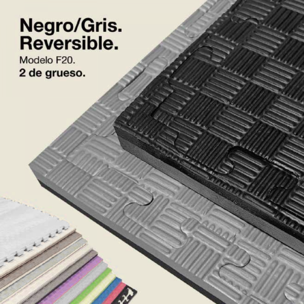 Tatami Puzzle reversible Kinefis modelo F20 (grosor 20 mm y textura cinco líneas) - Colores: negro-gris y negro-rojo Tatami Puzzle reversible Kinefis modelo F20 (grosor 20 mm y textura cinco líneas) - Colores: negro-gris y negro-rojo